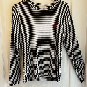 LOFT Black & White Striped Long-Sleeve Top with Red Heart Accent